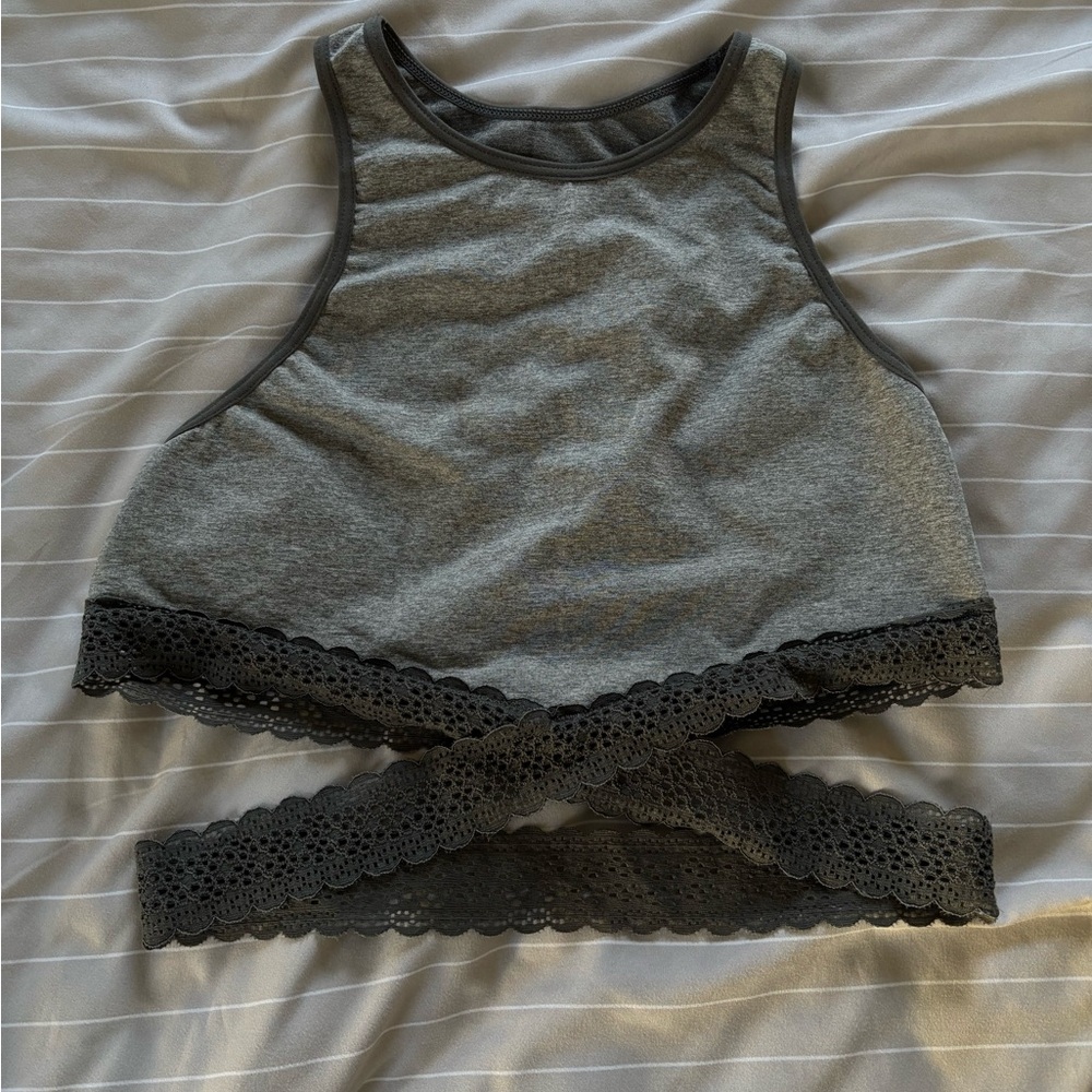 Gray Lace Trim Crop Top